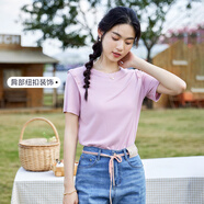 艾路絲婷正肩拼接袖針織t恤女短袖2024夏季新款圓領(lǐng)修身顯瘦上衣04124 粉色 L