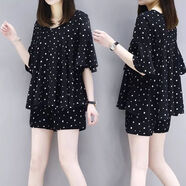 顧夕岑單/套裝 大碼女裝洋氣套裝胖mm夏裝韓版遮肚子時(shí)尚休閑短褲兩套裝 波點(diǎn)套裝 【上衣+褲子】 L 105斤內