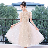 雅格羅伊高三學(xué)生畢業(yè)成人禮服女高中生香檳色晚禮服女2024新款宴會(huì )小個(gè)子 中長(cháng)款YH035 L