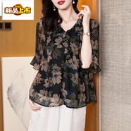 初徑薄款雪紡衫女夏短袖2025年夏季新款襯衫夏裝遮肚子碎花上衣女 黑色 XL 建議115-125斤