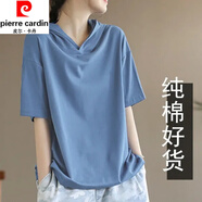 皮爾卡丹（pierre cardin）連帽短袖t恤女2025夏季新款洋氣帶帽純色時尚百搭上衣顯瘦 藍(lán)色 L 建議115-130斤