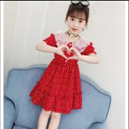 金布丁（JINBUDING）女童连衣裙夏季适合小女孩穿的新款韩版雪纺公主裙中大童的 大领字裙红色 默认尺码120