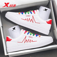 特步男鞋板鞋子男冬季新款休閑運動(dòng)鞋男白色滑板鞋皮面防水小白跑步鞋 白紅9085 42