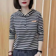 蘭威費雷秋上新橫條紋T恤女早秋上衣女春秋女裝50到60歲33756 連帽/-黑色長(cháng)袖 XL 【110-120斤】