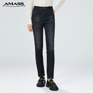 阿瑪施（AMASS）女裝新款高腰彈力薄絨修身休閑牛仔小腳褲女5100241 黑- 加絨 3XL (7碼)