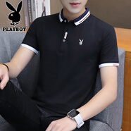 花花公子（PLAYBOY）短袖男t恤夏季韓版休閑冰絲男士polo翻領(lǐng)上衣打底衫清涼透氣男裝 117黑色 2XL 180