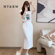 MT&RM高端時(shí)尚假兩件連衣裙女夏季韓版休閑卡通減齡收腰顯瘦中長裙子 白色連衣裙 2XL