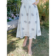 勿忘花棉布繡花白色半身裙女新款夏季氣質(zhì)中長(cháng)款高腰裙子 白色 M 