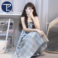 PMOG日系學(xué)院風(fēng)格紋蕾絲假兩件連衣裙夏季時尚洋氣氣質(zhì)a字裙ins 藍(lán)色 L 【店鋪送】