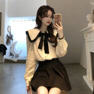 初中生高中生少女冬天穿的POLO襯衫秋冬季新款套裝女娃娃領(lǐng)襯衫長(zhǎng)袖上衣搭配黑色百褶半身裙子兩件套 【單件】娃娃領(lǐng)上衣 M 建議【90-100斤】