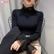 新款2021波點蕾絲長袖針織女士半高領(lǐng)套頭毛衣修身打底衫上衣女 黑色 S