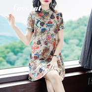 卡思彤（Cosstot）品牌女裝 真絲連衣裙夏新款桑蠶絲裙子矮小個(gè)子高端改良版旗袍裙 杏色 M (適合105-115斤