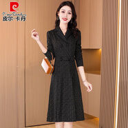 皮爾卡丹毛呢長袖連衣裙女春秋裝2025新款氣質(zhì)名媛高端品牌小個(gè)子呢子大衣 黑色 m