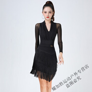 麥磊新款拉丁舞練功服裝女成年中長(cháng)款半身裙流蘇裙下裝舞蹈比賽演出服 黑色套裝 斜V款 M