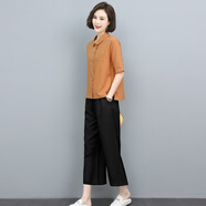 楚馨時(shí)尚運動(dòng)棉麻套裝女2025夏季女裝新款中年夏天休閑褲女闊腿褲褲子 桔+黑色 M (適合95-115斤左右)