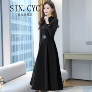 SIN.CYCpolo領(lǐng)長袖連衣裙女中長款春季韓版收腰小個(gè)子裙 黑色 M 【建議90-105斤】