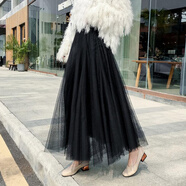 雷黛茜秋冬季韓版新款學(xué)生加絨加厚網(wǎng)紗半身裙中長(cháng)款大擺紗裙子百褶裙女 常規 黑色(款) (四季可穿) 均碼
