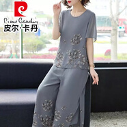 皮爾卡丹（pierre cardin）時尚短袖套裝女2025春夏新款洋氣年輕女士裝闊腿褲雪紡兩件套 灰色雪紡兩件一套 L 95-110斤