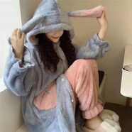 衣派萊小怪獸睡衣女秋冬加絨加厚珊瑚絨玉桂狗長(zhǎng)款睡袍睡裙家居服套裝 藍(lán)色兔【睡袍+褲子】 M【推薦100-125斤】