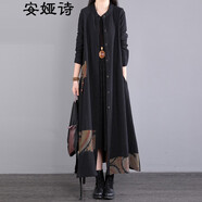 安婭詩(shī)風(fēng)衣女秋季民族風(fēng)碎花貼布超長(zhǎng)款開衫風(fēng)衣外套女棉麻過膝長(zhǎng)袖寬松女裝上衣 黑色 XXL