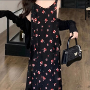 BMOI2025吊帶連衣裙女醋酸緞面碎花裙法式印花連衣裙V領(lǐng)高腰顯瘦長(zhǎng)裙 黑底櫻桃花 XL 120-130斤