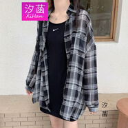 汐菡 格子上衣女夏中長(cháng)款超薄韓版寬松襯衫外套女學(xué)生夏季百搭小清新襯衣高中生初中生青少女生上衣12 黑格子 M