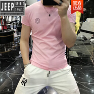 吉普（JEEP）輕奢歐洲站夏季新款潮牌燙鉆短袖冰絲棉T恤帥氣時尚圓領(lǐng)體恤大碼 粉紅色 L 125-140斤