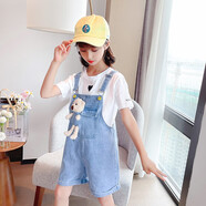 小咕嘟熊童裝女童套裝夏裝中大兒童裝休閑短袖兩件套小女孩衣服背帶褲服裝 藍(lán)色 140