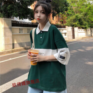 歐倩姍夏天翻領(lǐng)短袖t恤女生有帶領(lǐng)子的體恤polo衫日系T恤少女初中生半袖 914#拼接Polo衫 綠色 2XL 136-160斤【品質(zhì)