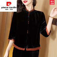 皮爾卡丹中式高端上衣女裝秋季2025新款金絲絨短款外套拼接小衫時(shí)尚女裝 黑色 L