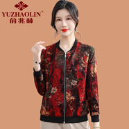 俞兆林（YUZHAOLIN）中年媽媽秋裝花色外套短款時尚洋氣2025新款中老年女春秋夾克開衫 紅色 2XL (參考105-120斤)