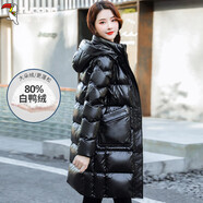 啄木鳥白鴨絨羽絨服女士中長款冬季2025新款冬裝亮面加厚保暖外套 黑色 S (建議80-100斤)