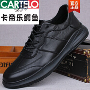 卡帝樂(lè)鱷魚(yú)（CARTELO）2024真皮輕便運(yùn)動(dòng)板鞋休閑皮鞋頭層牛皮松緊帶潮流軟底男鞋舒適跑 黑色 43 （標(biāo)準(zhǔn)皮鞋碼）