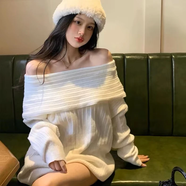 風(fēng)采兔 毛衣女2024秋冬新款美式純欲慵懶風(fēng)軟糯麻花一字肩針織衫潮上衣 白色 均碼