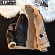 JEEP SPIRIT復古皮毛一體加絨皮衣男女秋冬翻領(lǐng)羊羔絨棉衣外套加厚機車(chē)皮夾克 黑色 像素有輕微色差（介意慎拍） 按重量下單 XL 140-160斤