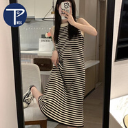 PMOG茶歇法式條紋無袖連衣裙女夏韓版修身顯瘦中長款針織背心裙小個(gè)子 杏色條紋 L 建議100-120斤