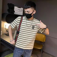 美羅邦夏季薄款條紋t恤短袖男修身體恤潮牌ins休閑精神小伙潮流帥氣半袖 綠色 L -（建議115-130斤）