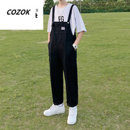 CINESSDins港風(fēng)復古工裝背帶褲男生秋冬季原宿風(fēng)潮流寬松直筒束腳吊帶褲 黑色 L