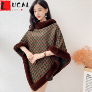 LUCALY斗篷披肩女秋冬款加絨斗篷披肩女短款秋冬季仿皮草時(shí)尚豹紋版加厚保暖披風(fēng)大衣 咖啡千鳥(niǎo)格 均碼