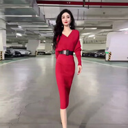 岡蹈針織連衣裙女秋冬法式常規(guī)袖修身內(nèi)搭包臀打底長款毛衣裙 紅色 song腰帶 S