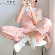 韓秋夢(mèng)春夏2022新款粉色牛仔背帶褲女韓版寬松小個(gè)子減齡高腰直筒連體褲 橘粉色 L