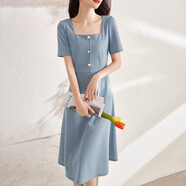 尚都比拉短袖連衣裙女夏季復古赫本風(fēng)氣質(zhì)通勤裙子中長(cháng)款A字裙 灰藍色 L