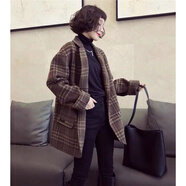 miss nitaly 格子毛呢小西裝外套女秋冬新款寬松復古西服百搭羊毛呢子絨大衣 深咖粗格 M 適合105-120斤