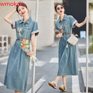 WMOKNN高級感百搭洋氣短袖連衣裙女2024夏季新款名族風(fēng)刺繡中長(cháng)款牛仔裙 牛仔藍 M