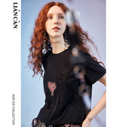 蓮燦2025夏季新款新浪漫針織心形圖案寬松減齡百搭短袖黑色T恤女 黑色 L