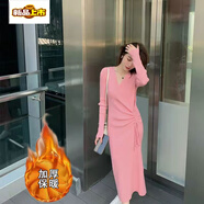 初徑針織連衣裙女2025秋冬港味氣質(zhì)交叉V領(lǐng)系帶修身顯瘦打底毛線裙子 粉色【加厚不加絨-適合冬天穿】 2XL【建議125-145斤】