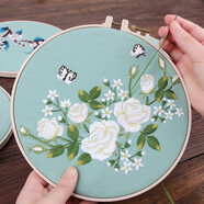 繡魁新款刺繡手工課創(chuàng)意禮物飾品印花自繡DIY繁花滿園蘇繡品自己刺繡 白玫瑰一 【材料包+輔助繡繃】