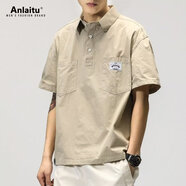 軒萊雅（XUANLAIYA）短袖polo衫男夏季工裝襯衫日系復古翻領(lǐng)5分半袖設計感t恤痞帥襯衣 杏色 2XL