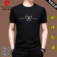 皮爾卡丹（pierre cardin）冰絲短袖t恤男士休閑圓領(lǐng)半袖絲光棉潮流男裝上衣服打底體恤衫男 X717黑色 L 170【建議120-140斤】