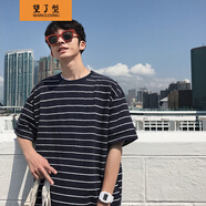 望了型 條紋五分袖T恤衫男生日系潮流文藝小青年寬松半截袖體恤汗衫高中學生中袖五分袖t血海魂 黑色F21 M